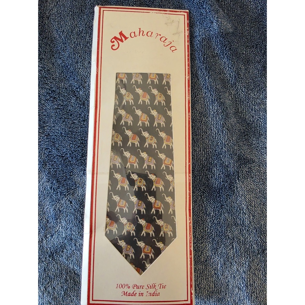 Maharaja Men Silk Tie Elephant Print Black White Orange Yellow Purple India NWT